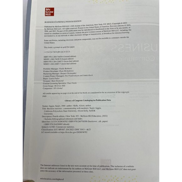 Business Statistics: Communicating Hardcover by Jaggia Kelly Fourth Edition - Picture 3 of 4